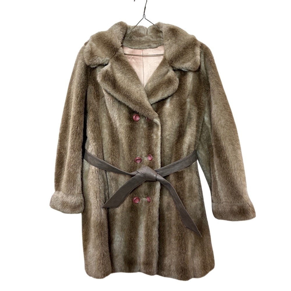 Vintage Faux Fur Coat Womens 12 Brown Vintage Double Breasted Glam Mob Old Money